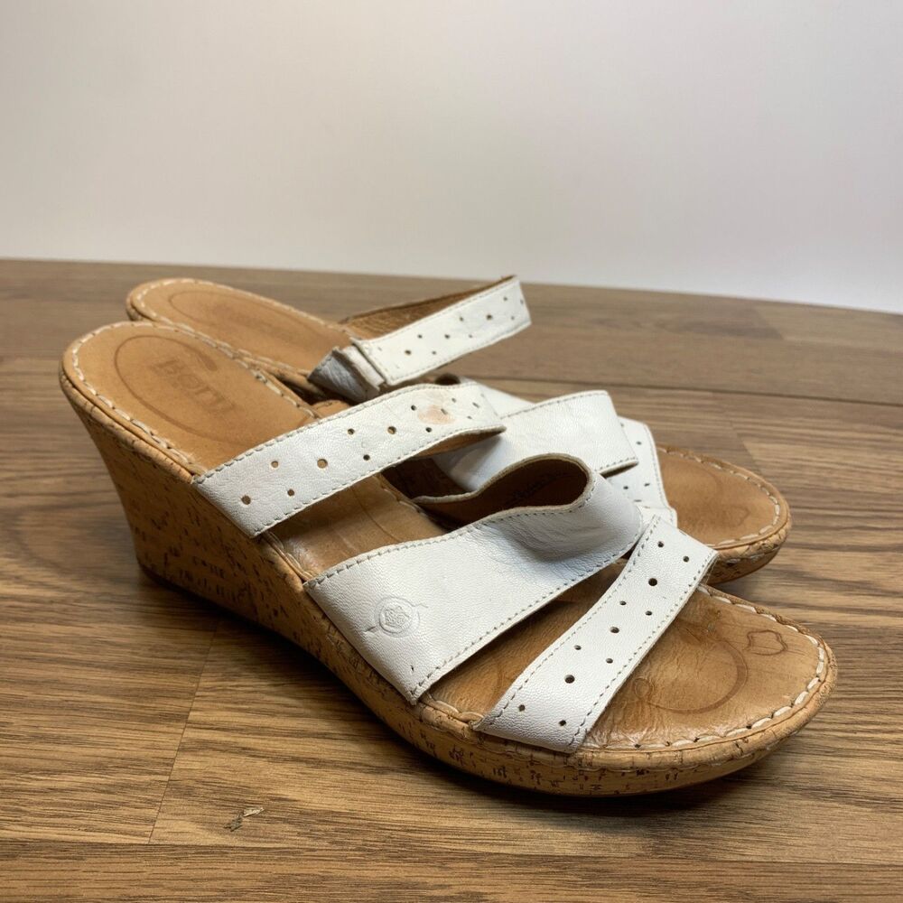 Born Concept Sandals Leather Cork Womens  Size 10 White Wedge Slip On